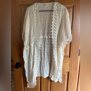 Cover up Ivory, Lace Trim Sheer Kimono Style